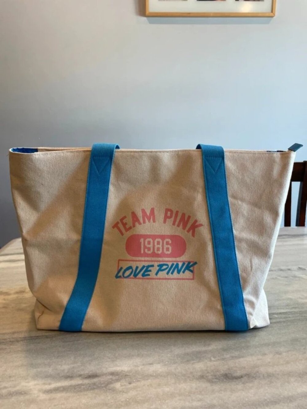 Victoria’s Secret PINK Cream & Blue Canvas Tote Bag